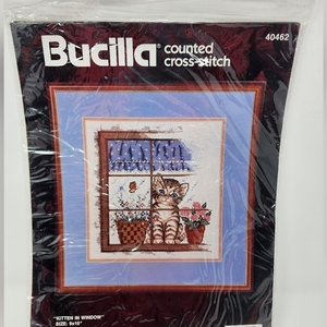 Bucilla Vintage 1990 Counted Cross Stitch Kitten In the Window‎ 9x10 New